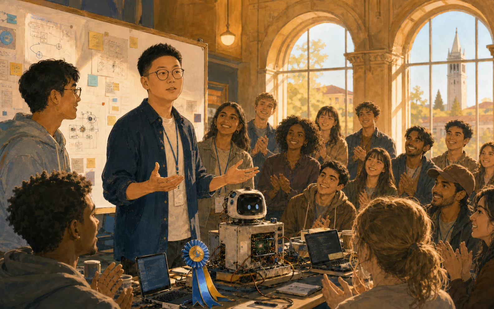 Illustrated scene from Jinghan's Berkeley chapter