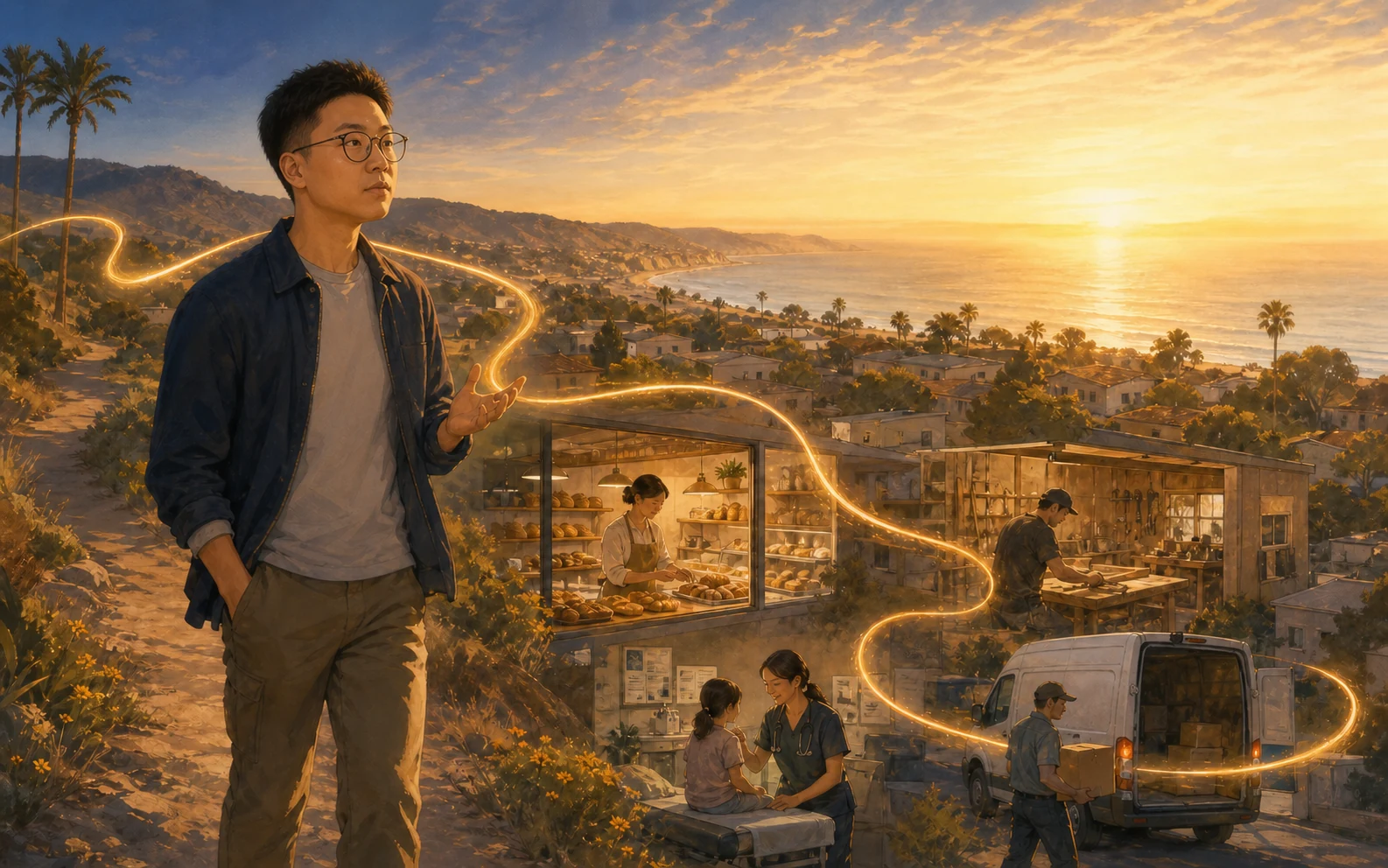 Illustrated scene from Jinghan's California chapter